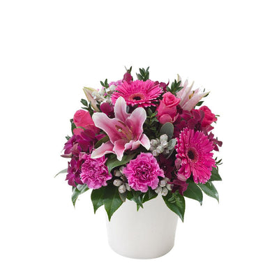 Bright Mixed Arrangement in a Ceramic Pot

A delightful combination of roses, lilies, gerberas and carnations in varying shades of fuschia, this floral gift will be adored. Expertly handcrafted by a local florist and presented in a white ceramic pot, Berry Delight is ideal for a birthday or special occasion.

Flowers may vary from the image displayed due to seasonal availability. We'll craft an arrangement which is similar in style using seasonal flowers that is equal or greater in value. 