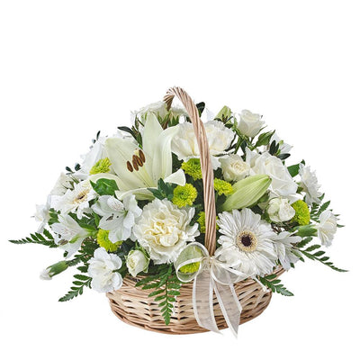 Petite Sympathy Basket Suitable for Home or Service

This petite sympathy basket features varying tones of white florals with green elements. Presented in a unique basket, this thoughtful gift is suitable for delivery to home or funeral service.

Flowers may vary from the image displayed due to seasonal availability. We'll craft an arrangement which is similar in style using seasonal flowers that is equal or greater in value. 
