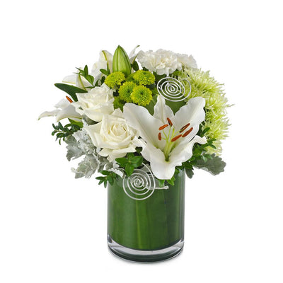 Elegant Arrangement in a Glass Vase

The elegant Devotion features stunning white lilies and roses, with textured green touches to highlight their beauty. Expertly handcrafted and presented in a tall glass vase with silver wire embellishments, they will adore this breathtaking delivery.

Flowers may vary from the image displayed due to seasonal availability. We'll craft an arrangement which is similar in style using seasonal flowers that is equal or greater in value. 