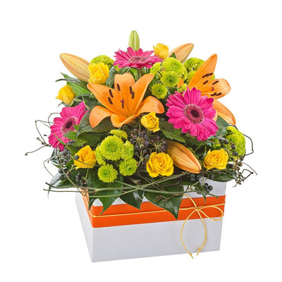 Bright Mixed Box Arrangement

Vibrant colours in a mix of textures abound in this bright mixed arrangement. Lilies, gerberas, and roses are amongst the choice blooms in this floral gift, presented in a white box with cheery orange ribbon. Fiesta is perfect for any celebration.

Flowers may vary from the image displayed due to seasonal availability. We'll craft an arrangement which is similar in style using seasonal flowers that is equal or greater in value. 