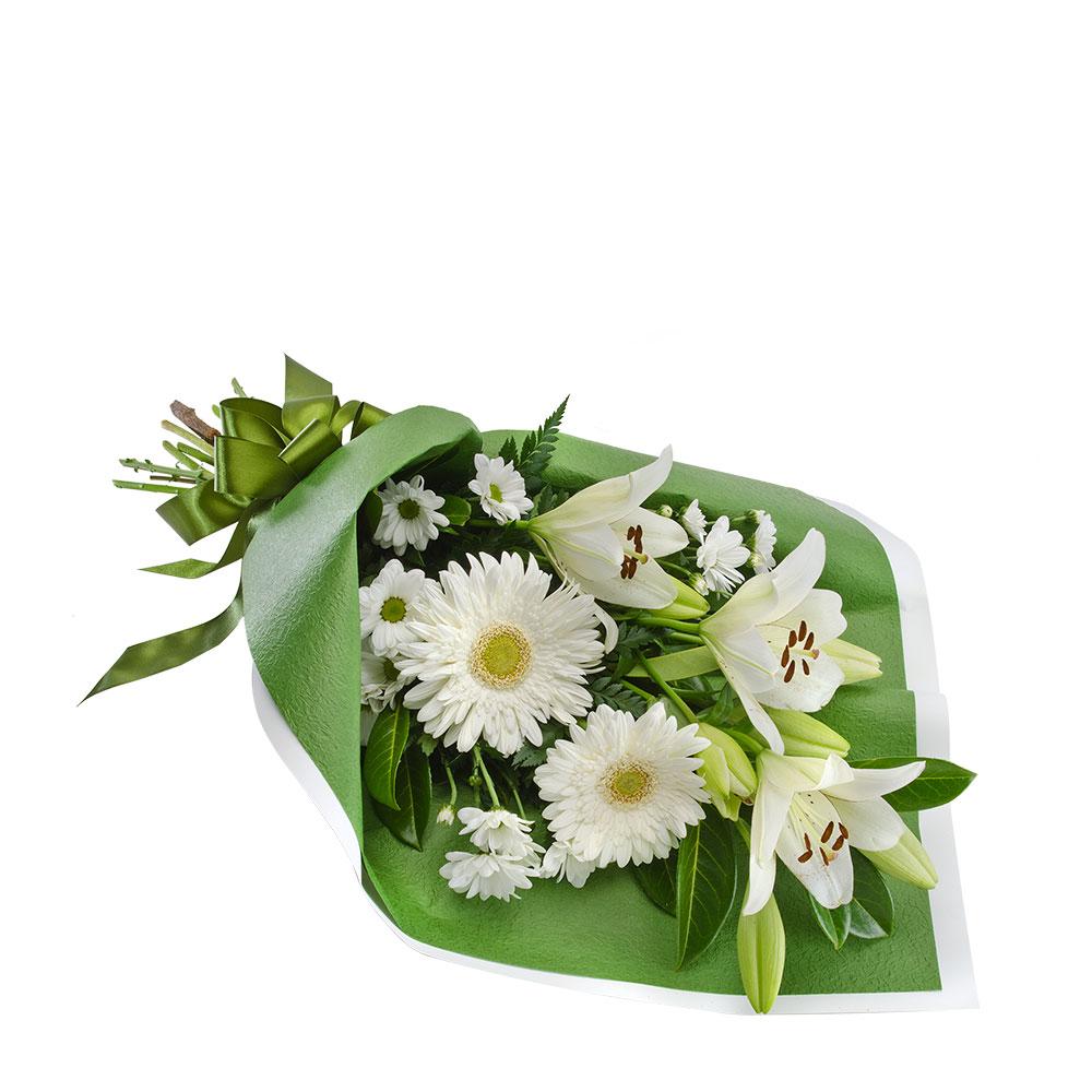 Sympathy Bouquet Suitable for Home or Service

A beautiful arrangement of all white blooms expertly handcrafted and wrapped in green paper and ribbon. A thoughtful floral tribute suitable for delivery to home or funeral service.

Flowers may vary from the image displayed due to seasonal availability. We'll craft an arrangement which is similar in style using seasonal flowers that is equal or greater in value. 