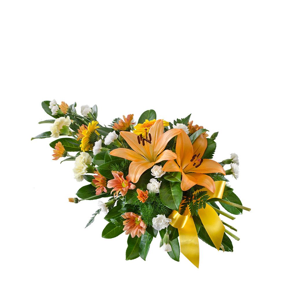 Sympathy Spray Suitable for Service

This radiant sympathy spray features orange, yellow, and white tones in mixed varieties including beautiful lilies. A wonderful way to express your feelings for a dear friend or loved one. Suitable for delivery to a service only (not suitable for delivery to the home).

Flowers may vary from the image displayed due to seasonal availability. We'll craft an arrangement which is similar in style using seasonal flowers that is equal or greater in value. 