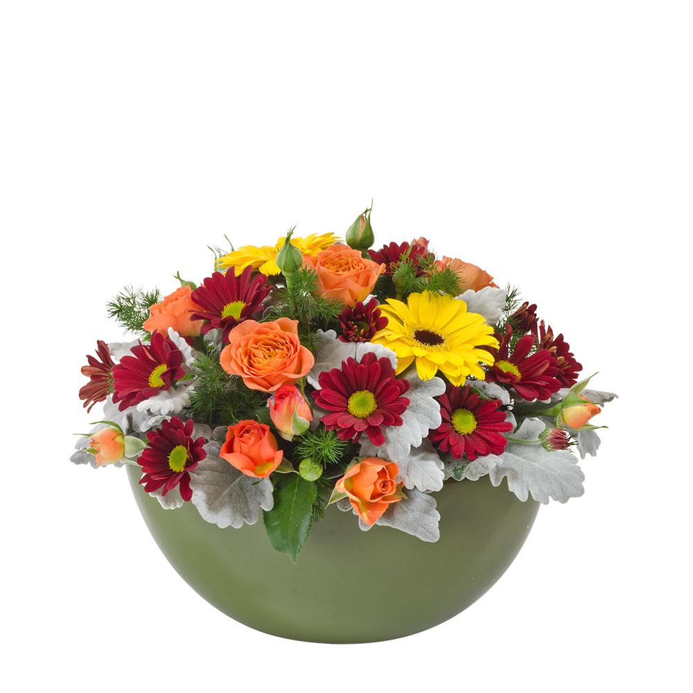 Bright Mixed Arrangement in a Ceramic Container

Send joy with the bright coloured Merri. Mixed blooms in fiery reds, oranges, and yellows are combined with silver foliage and presented in a ceramic container. Unique and charming.

Flowers may vary from the image displayed due to seasonal availability. We'll craft an arrangement which is similar in style using seasonal flowers that is equal or greater in value. 