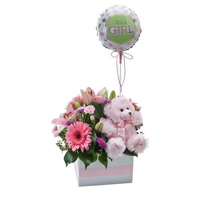 Flower Box with a Teddy Bear and Balloon

Celebrate a new baby girl with this delivery. A beautiful pink flower arrangement sits inside a cute box with a baby pink teddy and helium balloon. Ideal for delivery to a hospital.

Flowers may vary from the image displayed due to seasonal availability. We'll craft an arrangement which is similar in style using seasonal flowers that is equal or greater in value. 