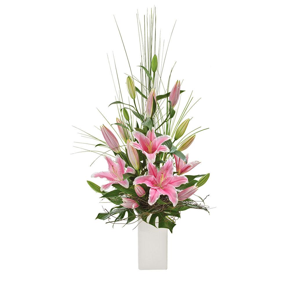 Elegant Arrangement of Oriental Lilies

This striking arrangement features beautiful pink oriental lilies, standing tall in a ceramic vase. Highlighting by lush foliage, this arrangement is ideal for celebrating a birthday or milestone. Make their day with Panache.

Flowers may vary from the image displayed due to seasonal availability. We'll craft an arrangement which is similar in style using seasonal flowers that is equal or greater in value. 