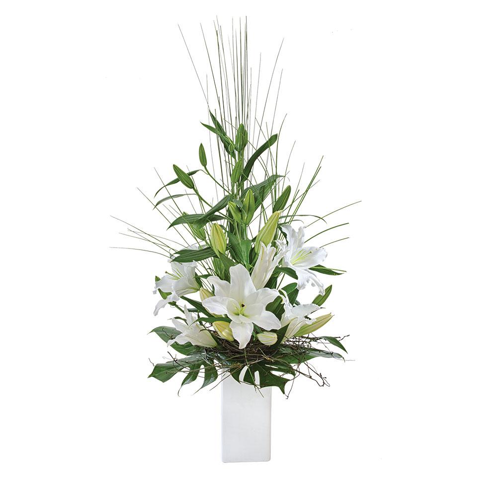Elegant Arrangement of Oriental Lilies

A modern creation of oriental lilies and choice greenery arranged in a ceramic container. Tranquillity's use of white flowers and leaves, together with a simple yet elegant neutral combination, makes it one of Interflora's most popular designs.

Flowers may vary from the image displayed due to seasonal availability. We'll craft an arrangement which is similar in style using seasonal flowers that is equal or greater in value. 