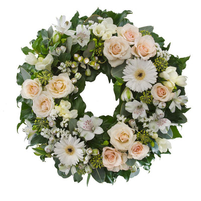 Mixed Peach & White Cluster Wreath

This cluster wreath features white and peach toned blooms with deep green foliage. Suitable for delivery to service only (not suitable for delivery to home).

Flowers may vary from the image displayed due to seasonal availability. We'll craft an arrangement which is similar in style using seasonal flowers that is equal or greater in value. 